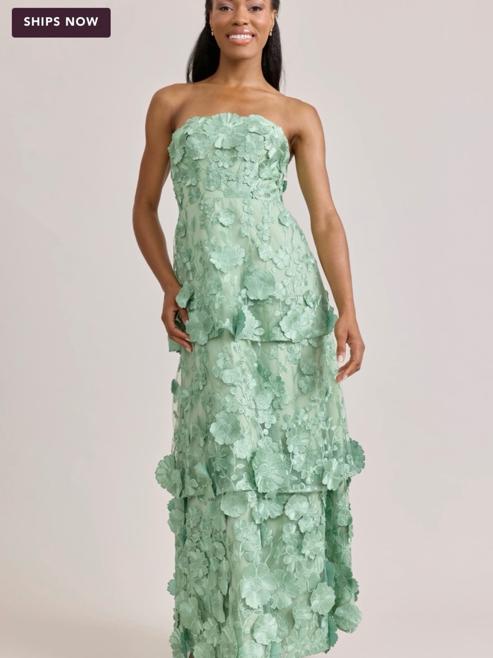 Revelry Strapless Mint Green Floral Appliqué Tiered Gown